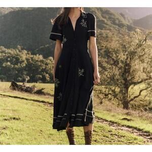 THE GREAT Hanky embroidered bridge dress black midi length sz 2
